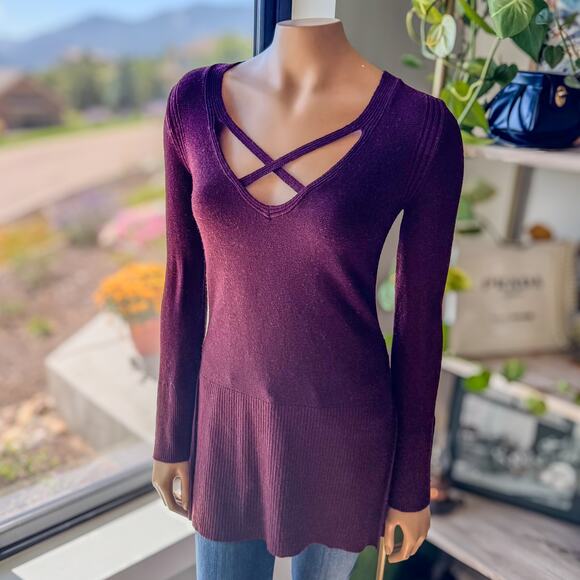 Free People Maroon Criss Cross Lightweight Tunic Sweater, Women's Size X-Small - Picture 2 of 6